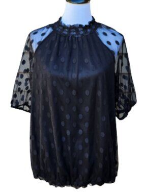 Ember Black Polka-Dot Blouse Mesh Raglan Sheer Sleeves High Neck Dressy
